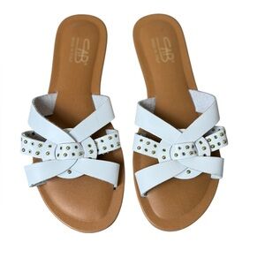 SAB Womens Slip On Flat Shoes White Gold Studs Sandals Size 8 Italy Minimalist